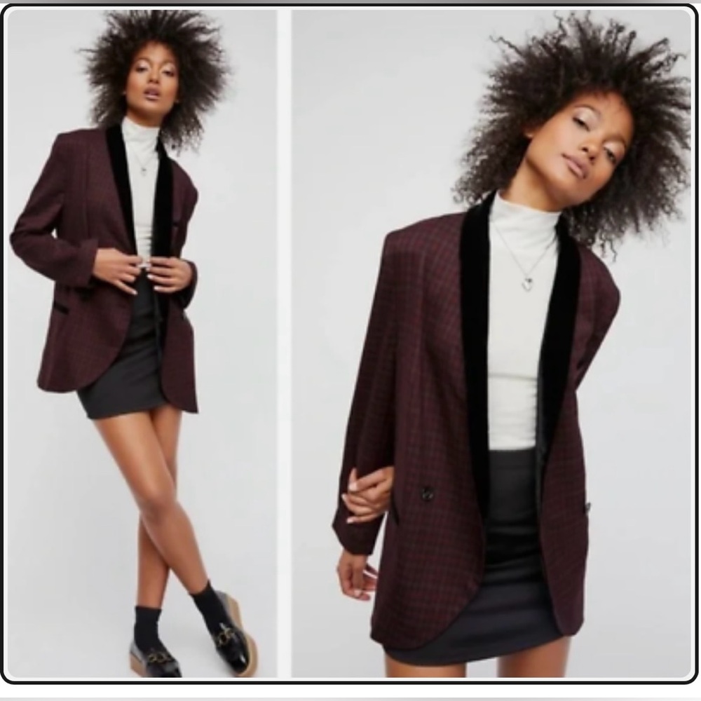 Free People | Oversized Plaid Velvet Trim Blazer